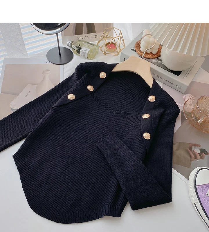 New Korean slim slim fit square neck double row button top  6627