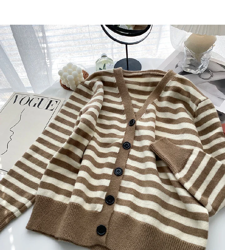 Vintage long sleeve knitted cardigan stripe V-neck casual top  6634