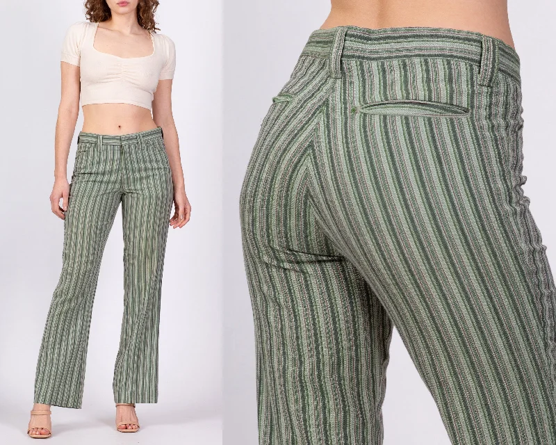 70s Green Striped Mid Rise Unisex Trousers - 32"" Waist