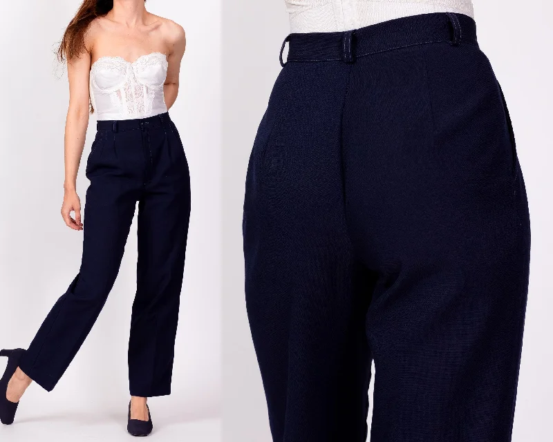 70s Navy Blue Pleated Trousers - Extra Small, 24""