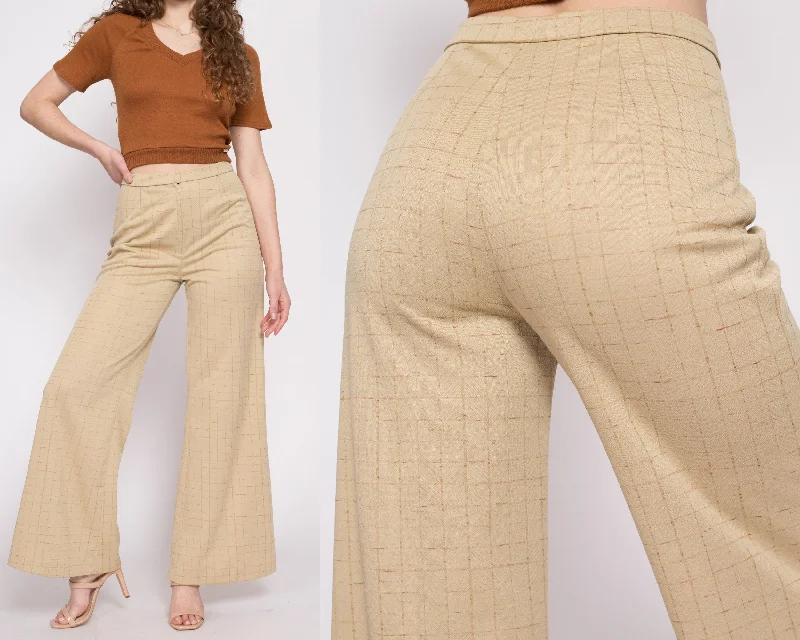 70s Tan Grid Print Wide Leg Pants - Medium, 27""-28""