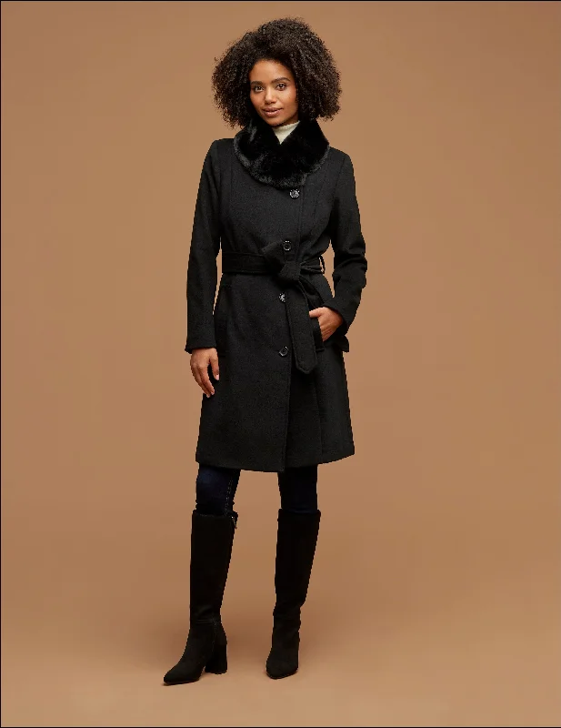 Belted Wrap Wool Coat With Fur Collar