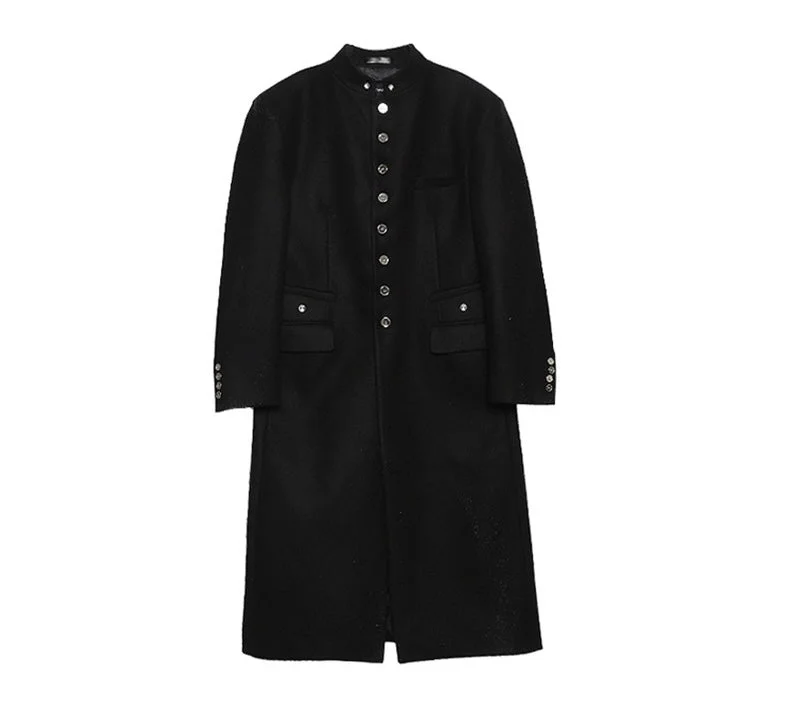 Greta Solid Color Black Button Up Long Sleeve Long Coat