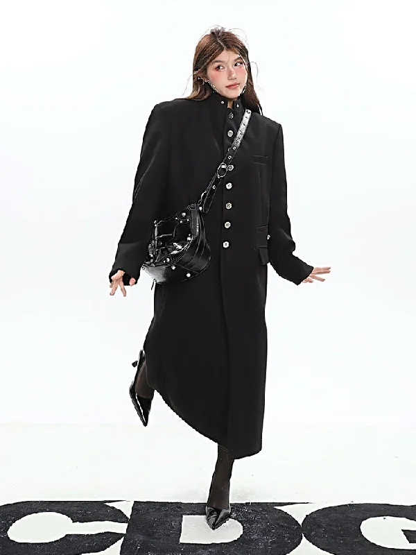 Greta Solid Color Black Button Up Long Sleeve Long Coat