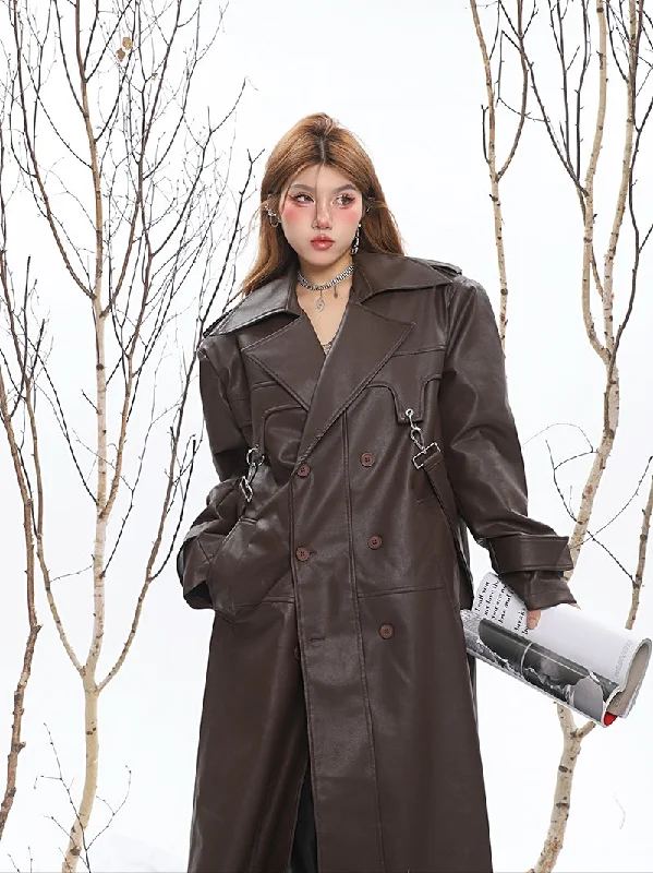 Maya Solid Color Pu Leather Button Up Long Sleeve Long Coat