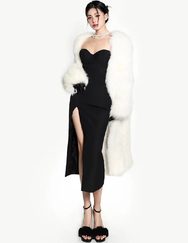 Perla Solid Color Long Sleeve Fox Fur Midi Coat