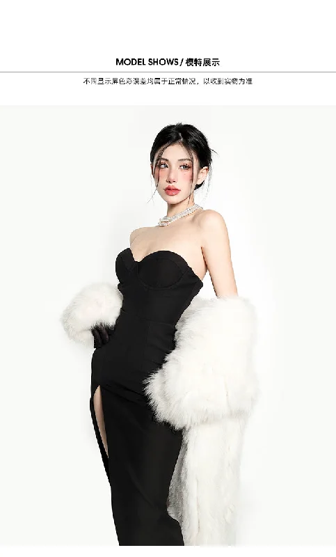 Perla Solid Color Long Sleeve Fox Fur Midi Coat