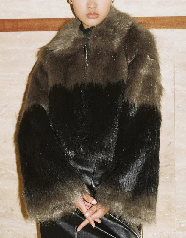 Two Toned Zipper Front Furry Coat