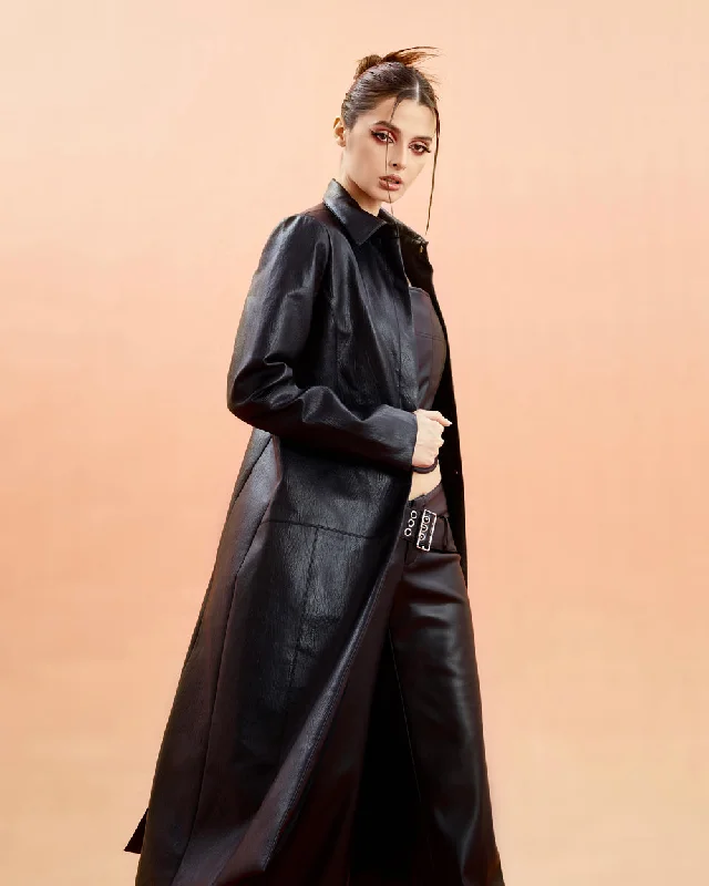 Unicorn Blood Solid Color Black Faux Leather Long Sleeve Button Up Long Coat