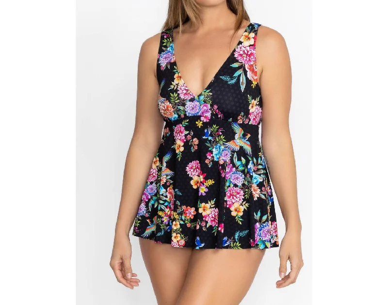 Back Tie Skirted One Piece Swimsuit In Nero Multi