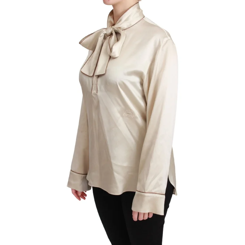 Dolce & Gabbana Elegant Beige Silk Satin Blouse with QUEEN Embroidery