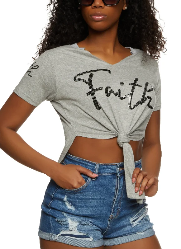 Faith Sequin Knot Front Graphic Tunic T Shirt