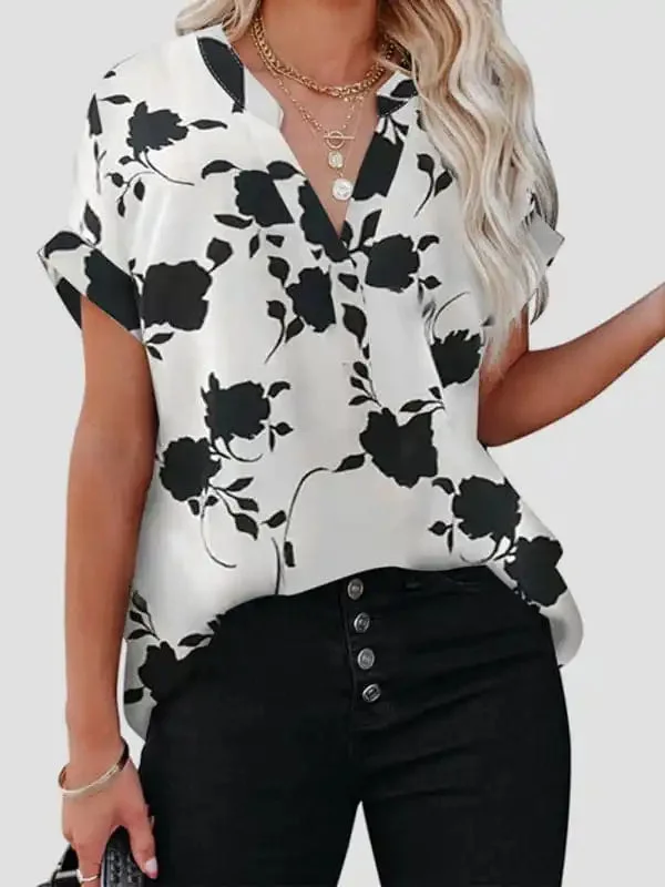 Women’s New Floral Print Casual V-Neck Short Sleeve Shirt