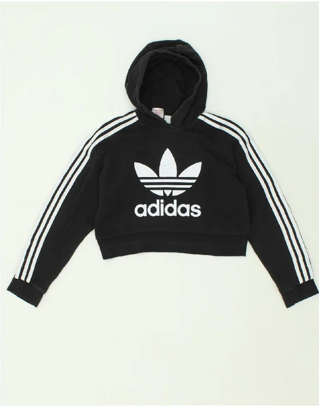 ADIDAS Girls Crop Graphic Hoodie Jumper 11-12 Years Large Black Cotton