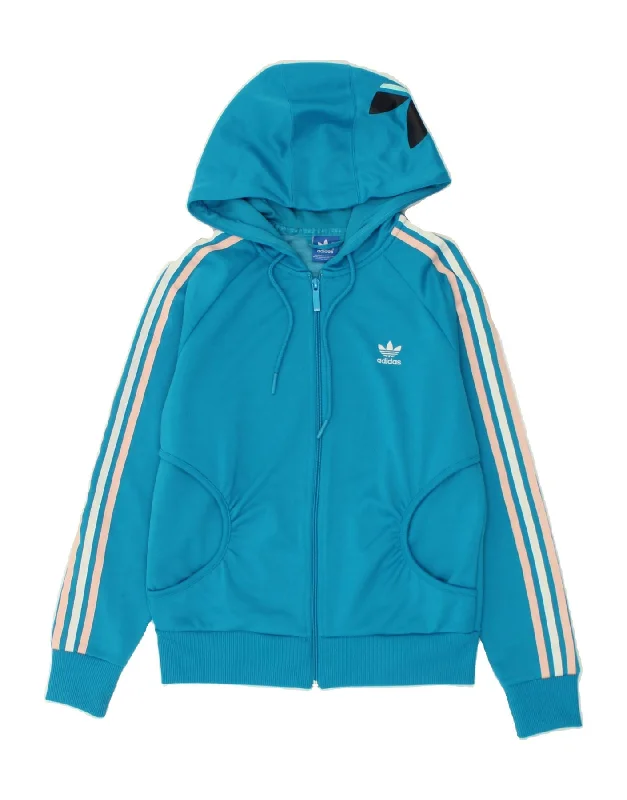 ADIDAS Womens Graphic Zip Hoodie Sweater UK 12 Medium Blue Polyester