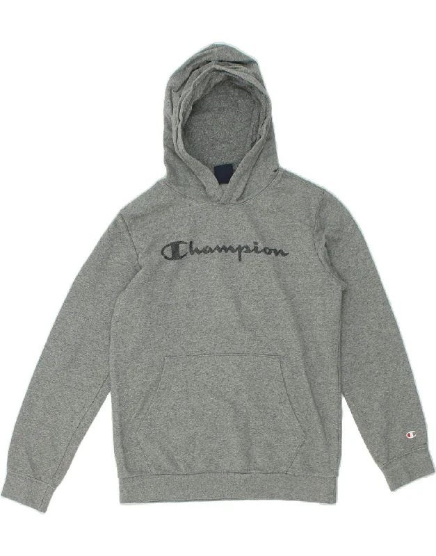 CHAMPION Boys Graphic Hoodie Jumper 13-14 Years XL Grey Flecked Cotton