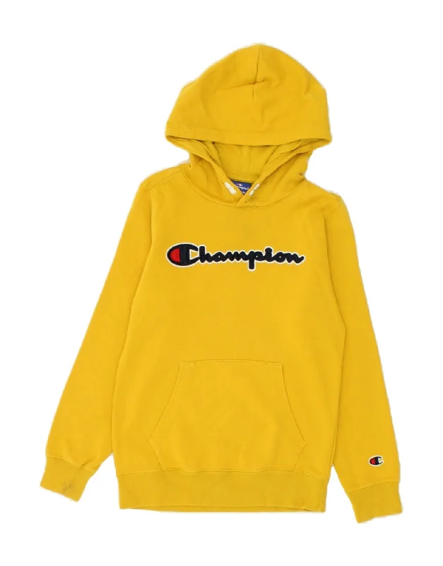 CHAMPION Boys Graphic Hoodie Jumper 9-10 Years Medium Yellow Cotton