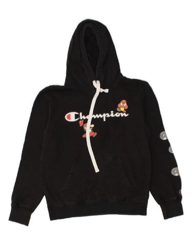 CHAMPION Womens Graphic Hoodie Jumper UK 14 Medium Black Cotton