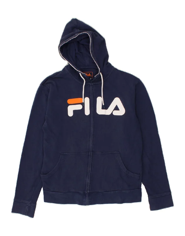 FILA Womens Graphic Zip Hoodie Sweater UK 14 Medium Navy Blue Cotton