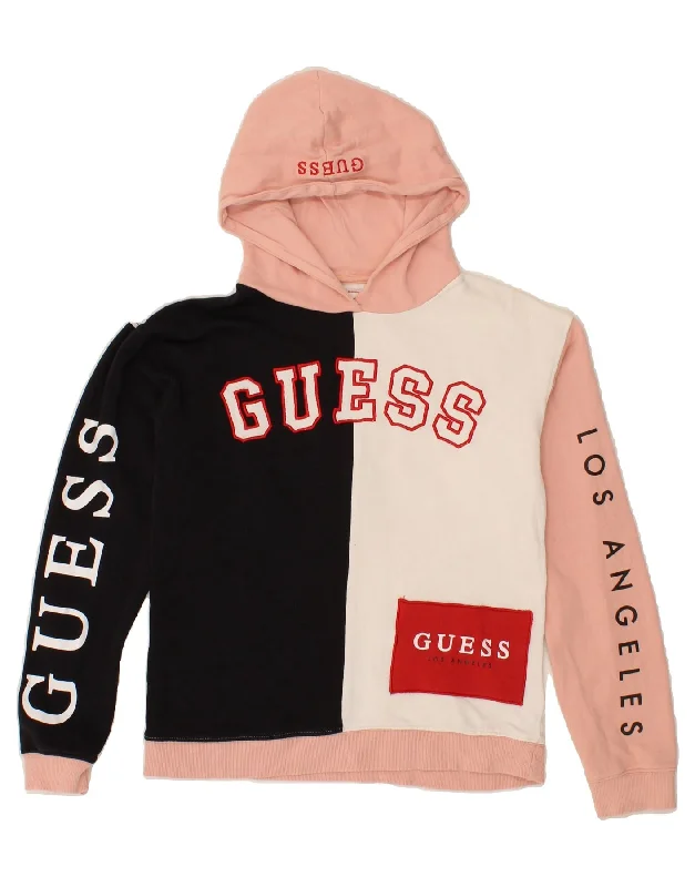 GUESS Girls Graphic Hoodie Jumper 15-16 Years Pink Colourblock Cotton