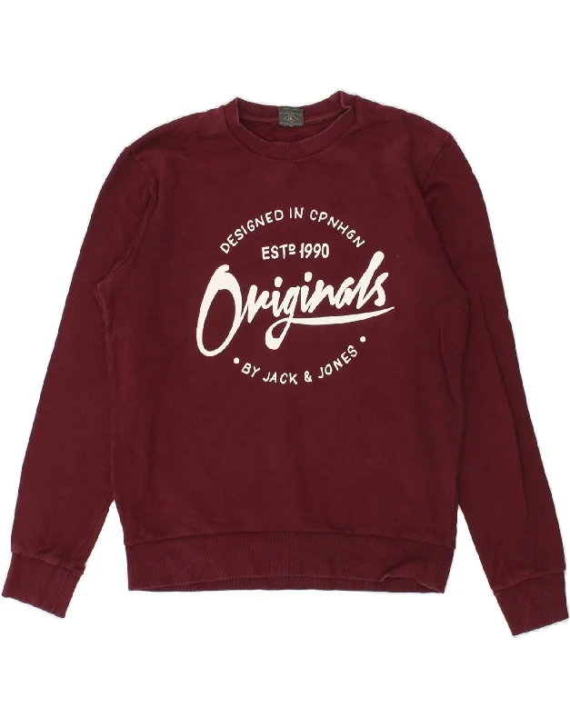 JACK & JONES Mens Graphic Sweatshirt Jumper Medium Burgundy Cotton