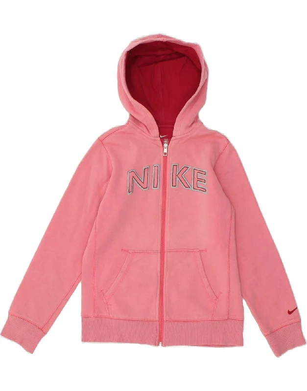 NIKE Girls Graphic Zip Hoodie Sweater 12-13 Years Large Pink Cotton