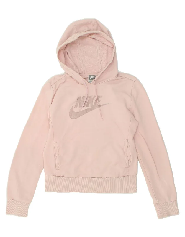 NIKE Womens Crop Graphic Hoodie Jumper UK 10/12 Medium Pink Cotton