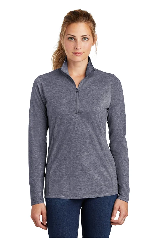 Sport-Tek Womens Moisture Wicking 1/4 Zip Sweatshirt - Heather True Navy Blue