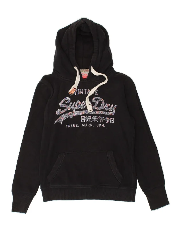 SUPERDRY Womens Graphic Hoodie Jumper UK 10 Small Black Cotton