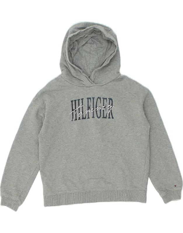 TOMMY HILFIGER Boys Graphic Hoodie Jumper 11-12 Years Grey Cotton