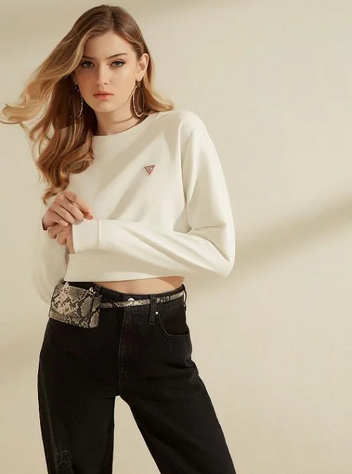 White Cropped Logo Crew Neck Sweatshirt