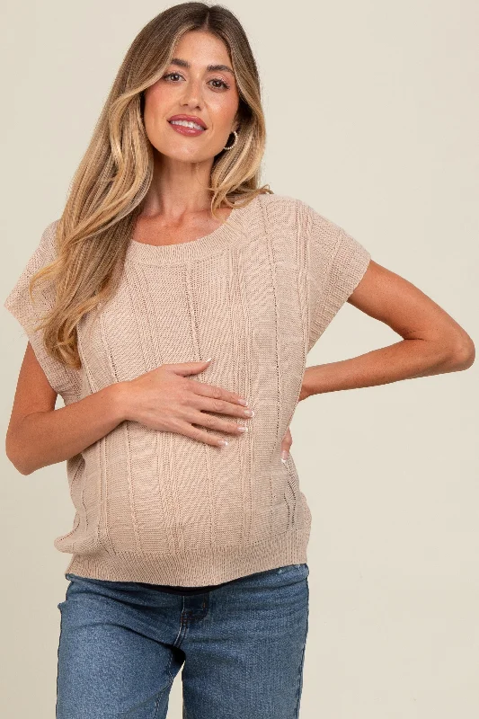 Beige Knit Short Sleeve Sweater Maternity Top