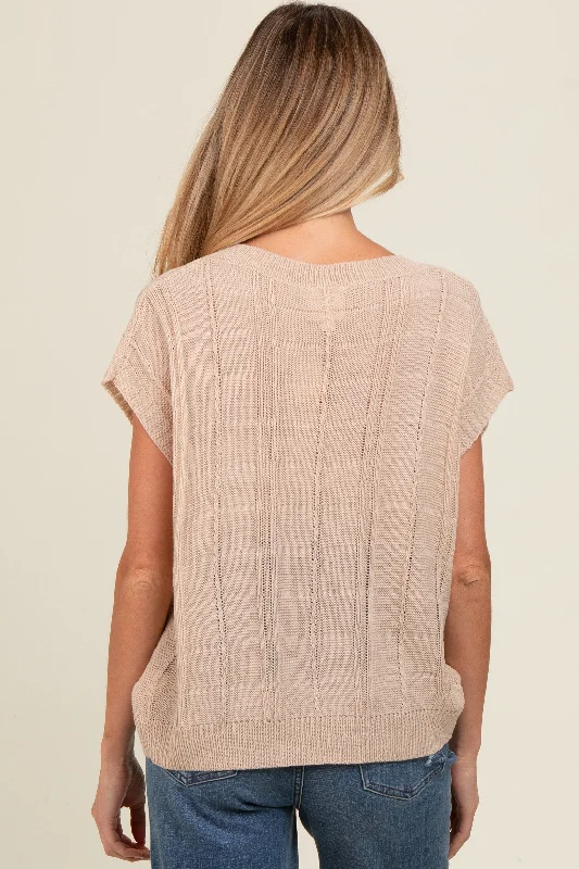 Beige Knit Short Sleeve Sweater Maternity Top