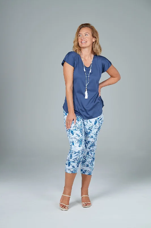 Blue Sky Print Stretch Cotton Sateen Capri Pants