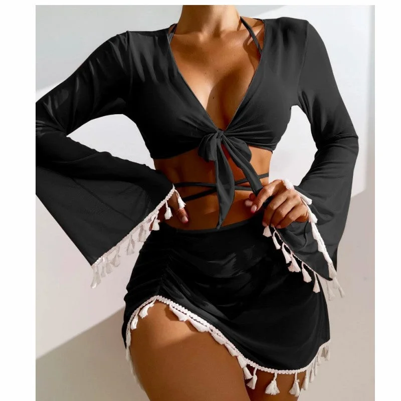 Trendy 4-Piece Solid Color Bikini Set with Skirt & Cover-Up | Summer Beachwear Wrap-around bikini, Sexy, Trendy, Comfortable