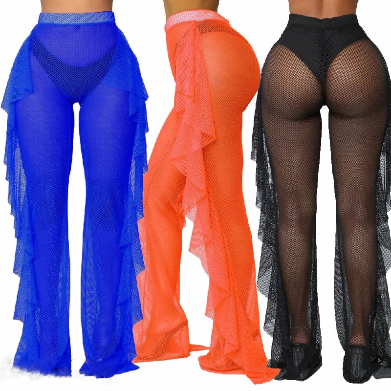 See Through Ruffle Pants Mesh Sheer Long Trousers Bikini Cover Up Ribbed top bikini, Textured, Comfortable, Chic See Through Ruffle Pants Mesh Sheer Long Trousers Bikini Cover Up Ribbed top bikini, Textured, Comfortable, Chic