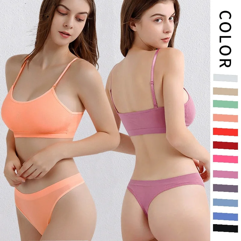 Women Seamless Bra Set Sexy Thong Low Waist Panties Wire Free Bra Bralette Lingerie Brassiere Candy Colors Underwear Bikini Set Retro bikini, Vintage style, Comfortable, Sexy Women Seamless Bra Set Sexy Thong Low Waist Panties Wire Free Bra Bralette Lingerie Brassiere Candy Colors Underwear Bikini Set Retro bikini, Vintage style, Comfortable, Sexy
