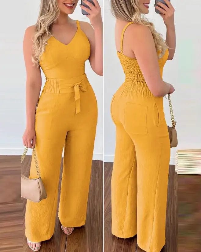 2023 Summer Woman Long Jumpsuits Elegant Sexy V-Neck Shirred Cami Top & High Waist Pants Set New Fashion Casual One Pieces Pleated wide-leg jumpsuit, Feminine, Elegant, Comfortable 2023 Summer Woman Long Jumpsuits Elegant Sexy V-Neck Shirred Cami Top & High Waist Pants Set New Fashion Casual One Pieces Pleated wide-leg jumpsuit, Feminine, Elegant, Comfortable