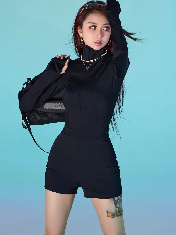 Alice Solid Color Black Jumpsuit Long Sleeve Slim Zip Up Top Slim Mini Short Set Sequin jumpsuit, Party attire, Sparkling, Glamorous Alice Solid Color Black Jumpsuit Long Sleeve Slim Zip Up Top Slim Mini Short Set Sequin jumpsuit, Party attire, Sparkling, Glamorous