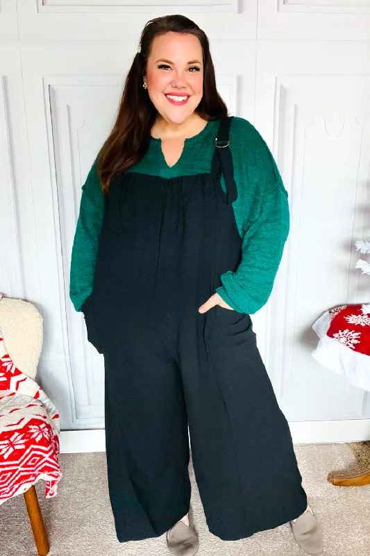 Feeing Joyful Black Wide Leg Adjustable Baggy Bib Jumpsuit Wide leg denim jumpsuit, Street style, Casual, Comfortable Feeing Joyful Black Wide Leg Adjustable Baggy Bib Jumpsuit Wide leg denim jumpsuit, Street style, Casual, Comfortable