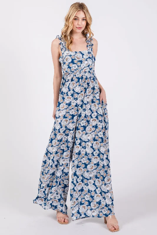 Blue Floral Sleeveless Tie Back Jumpsuit Red jumpsuit, Bold color, Party wear, Chic