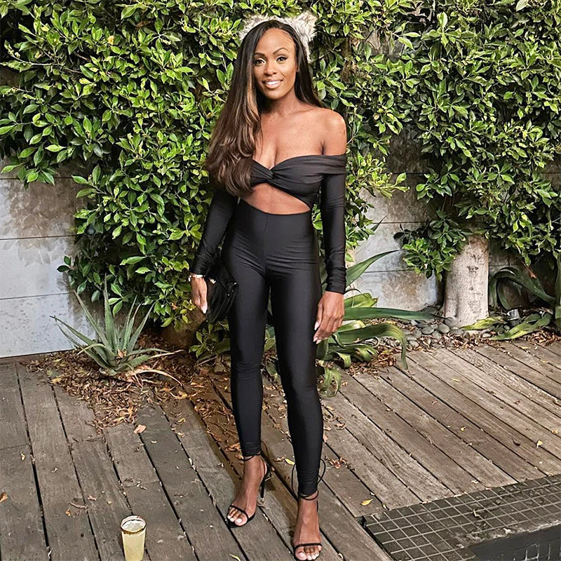 Bomblook K23JP568 Sexy One Piece Jumpsuit 2024 Spring Slash Neck Jumpsuits Solid Women Breathable Knotted Jumpsuit Luxe jumpsuit, Fashionable, Elegant, Chic