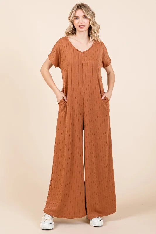 Beryl - Ribbed Short Sleeve Wide Leg Jumpsuit - Camel - Exclusively Online Elegant black jumpsuit, Formal wear, Stylish, Chic Beryl - Ribbed Short Sleeve Wide Leg Jumpsuit - Camel - Exclusively Online Elegant black jumpsuit, Formal wear, Stylish, Chic