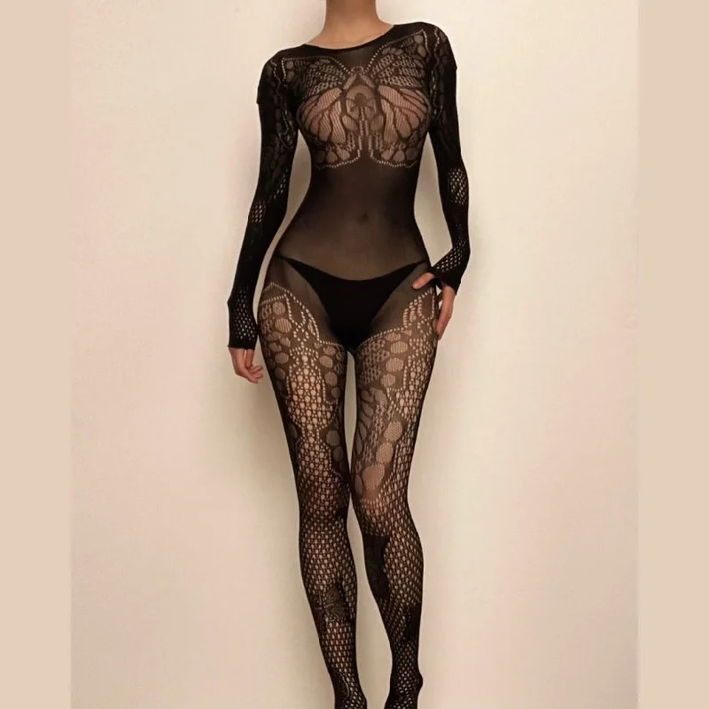 Butterfly pattern fishnet long sleeve solid jumpsuit Trendy jumpsuit, Fashion-forward, Chic, Comfortable