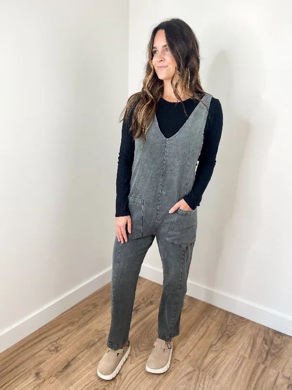 Evie Adjustable Strap Jumpsuit - Ash Black Vintage style jumpsuit, Retro chic, Casual, Comfortable