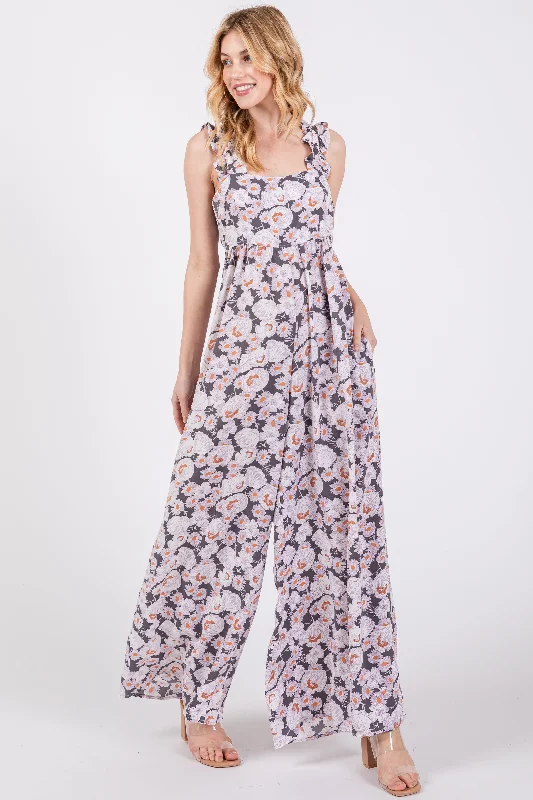 Charcoal Floral Sleeveless Tie Back Jumpsuit Tailored fit jumpsuit, Elegant, Professional, Sleek Charcoal Floral Sleeveless Tie Back Jumpsuit Tailored fit jumpsuit, Elegant, Professional, Sleek