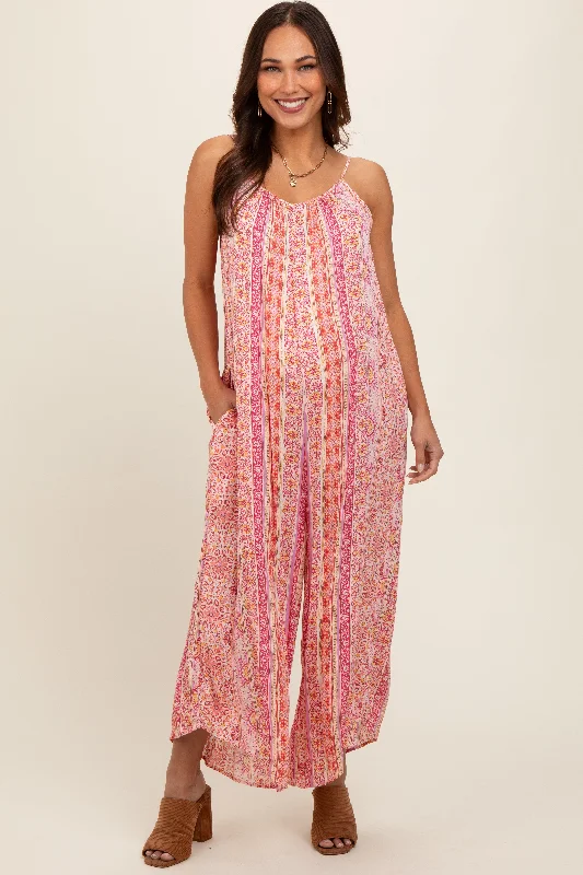 Coral Floral Striped Asymmetrical Maternity Jumpsuit One-piece jumpsuit, Simple design, Comfortable, Fashionable