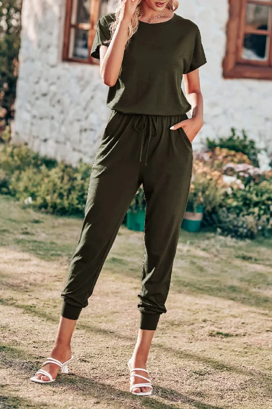Short Sleeve Crewneck Drawstring Elasitic Waist Jumpsuit White jumpsuit, Chic, Elegant, Summer wear Short Sleeve Crewneck Drawstring Elasitic Waist Jumpsuit White jumpsuit, Chic, Elegant, Summer wear