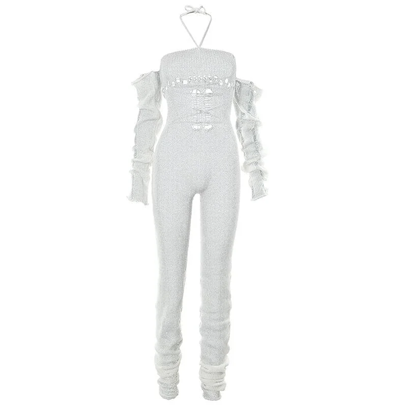 Crochet off shoulder solid halter backless lace up jumpsuit Off-the-shoulder jumpsuit, Sexy, Chic, Fashionable