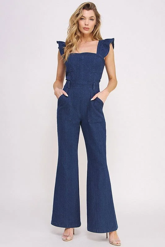 Denim Ruffle Flare Leg Jumpsuit Tie waist jumpsuit, Slim fit, Trendy, Comfortable